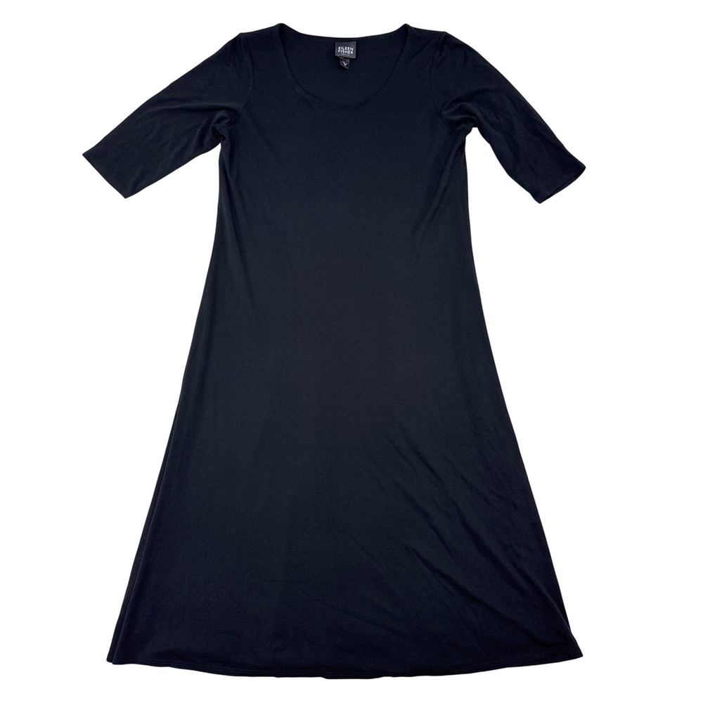 Eileen Fisher Dress Small Petite Black 3/4 Sleeves Midi Stretch Jersey V Neck
